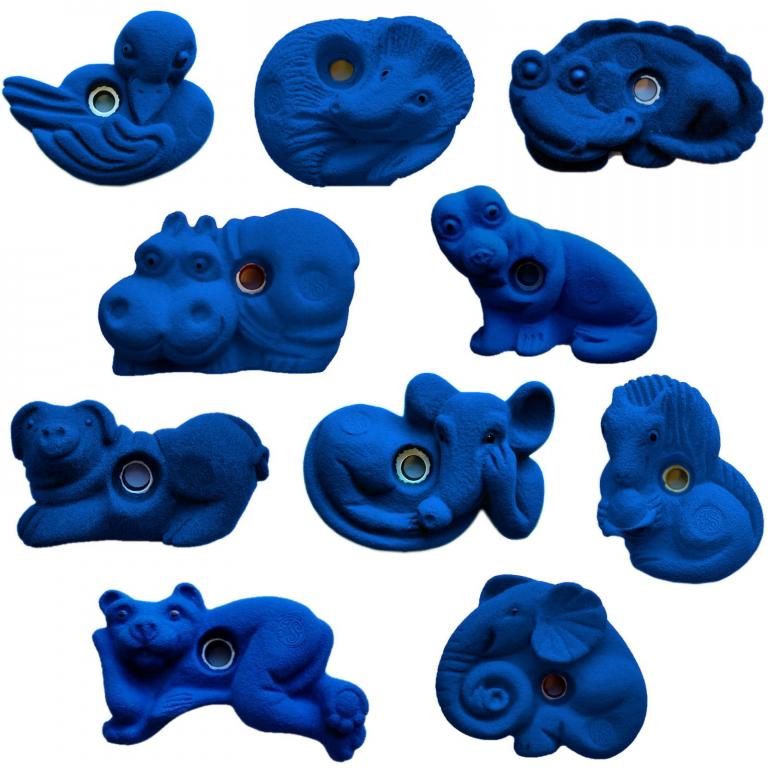 Blaue Tierklettergriffe für Kinderzimmer oder Schule.