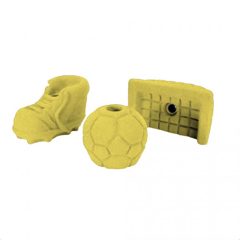 Buntes Klettergriffset für fußballbegeisterte Kletterer.
