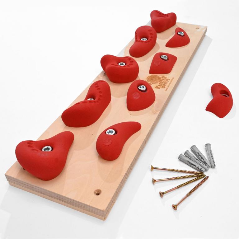 Trainingsboards für Zuhause. Lieferumfang 9 montierte und 1 loser Klettergriff.