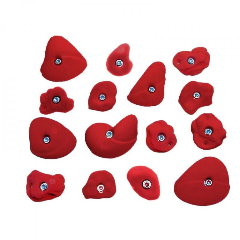 Klettergriffset in verschiedenen Farben und Schwierigkeitsstufen für Kinder.