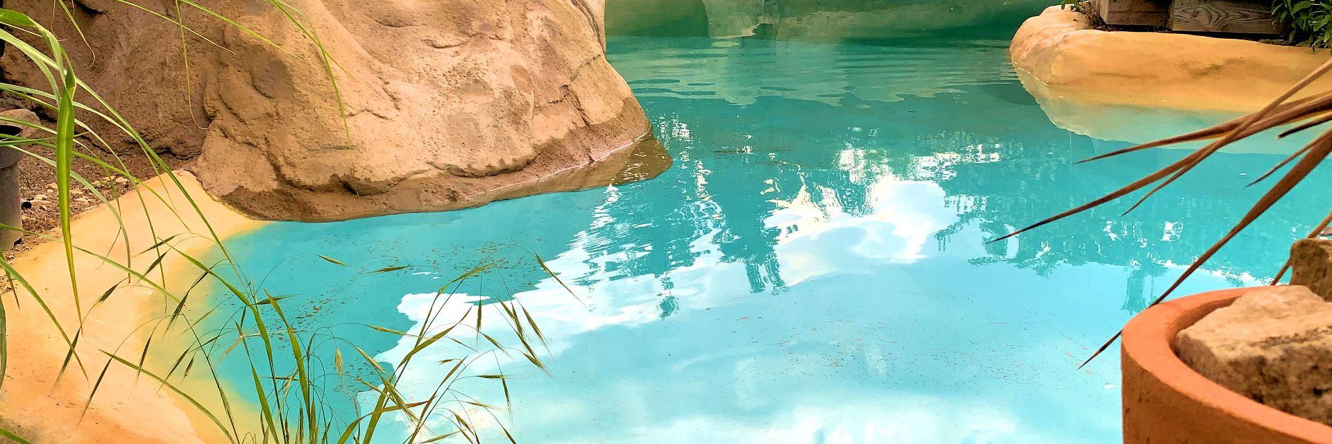 Kunstfelsen privater Bereich, Swimmingpool, Garten und Kletteranlage.